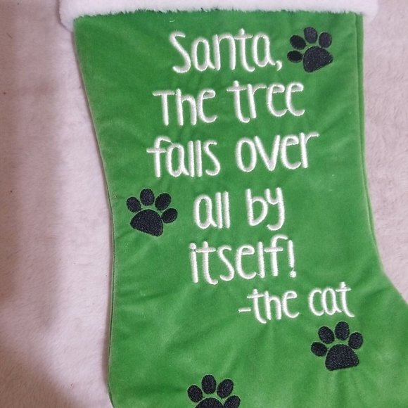 Kitty Felt CHRISTMAS Stocking Santa The Tree Falls Over all By Itself. The Cat. - Picture 2 of 3